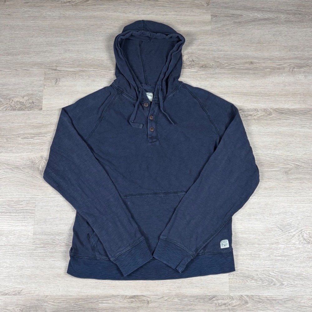 Lucky Brand Hoodie Women Large Navy Blue Henley Button Slub Knit Pullover